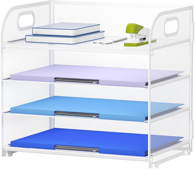 Marbrasse 4 Tier Paper Organizer Letter Tray, Mesh Desk File Organizer with Handle, Paper Sorter Organizer for Letter /A4 Office File Folder Holder（White, 12.6" x 9.1" x 10.7"）