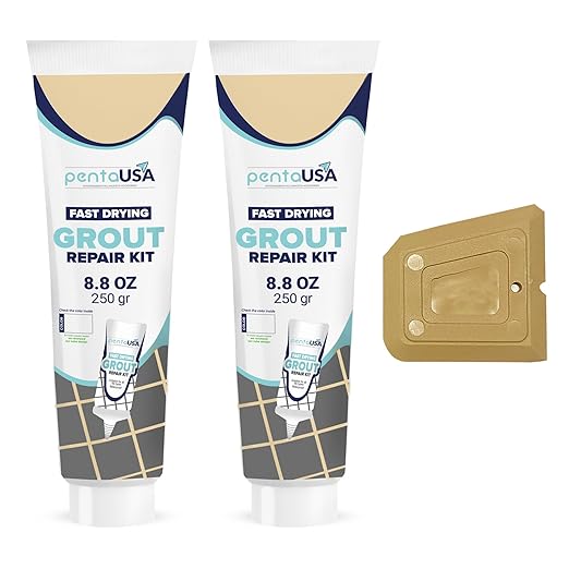 PentaUSA Grout - Premixed Grout Repair Set, 8.8 oz, 2 Pack Tile Grout Tubes, Repairs and Renews Tile Grout in Bathroom and Kitchen, Odorless and Safe Formula - 2 Pack (Beige)