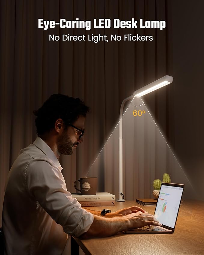 SUPERDANNY Eye-Caring LED Desk Lamp 360° Flexible Gooseneck Work Lamp with Desk Side Clamp Touch Control 3 Light Colors Smooth Dimming Task Lighting Reading Light for Home Office College Dorm, White