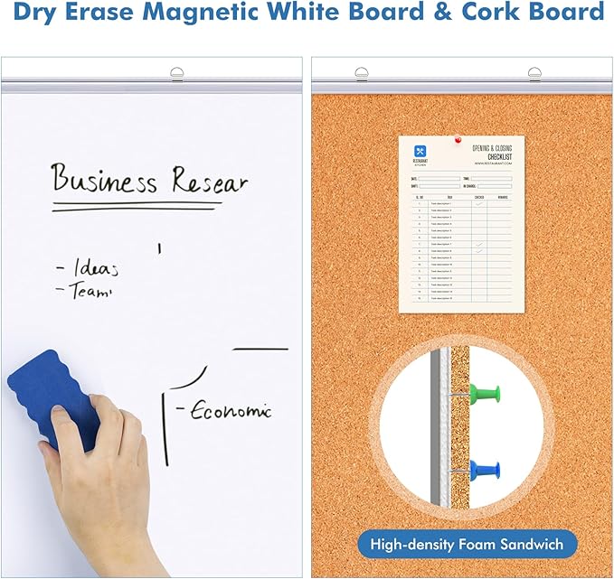 Magnetic White Board and Cork Board Combo, 48 X 36 inches Whiteboard Bulletin Combination Board, Wall Mounted Dry Erase Message Board for Home, School and Office