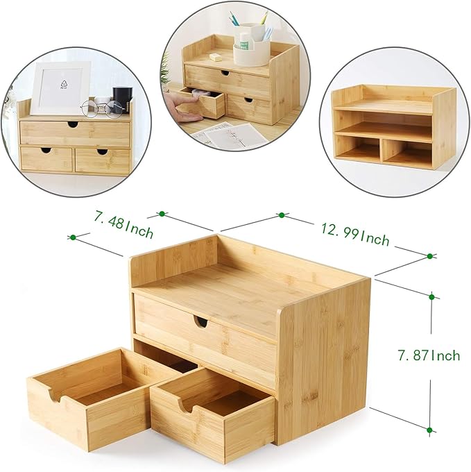 Wisuce Bamboo Desk Organizer, Mini Desktop Drawer Tabletop Storage Organization Box for Office Home Toiletries Supplies Vanity, No Assembly Required (3 Drawer with Shelf)