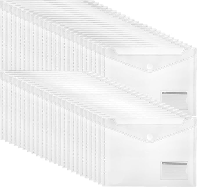 ABSOFINE 48 Pack Plastic Envelope File Folders, Transparent Folders for Documents A4 Letter Size with Label Pocket for School Home Work Office Organizer, Hook & Loop Closure, 100% Clear, Easy Storage