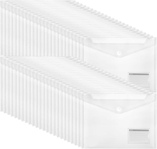 ABSOFINE 48 Pack Plastic Envelope File Folders, Transparent Folders for Documents A4 Letter Size with Label Pocket for School Home Work Office Organizer, Hook & Loop Closure, 100% Clear, Easy Storage