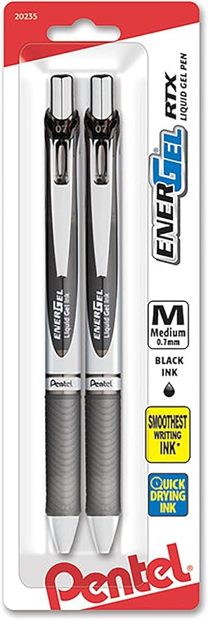 Pentel EnerGel RTX Retractable Liquid Gel Pen, (0.7mm) Metal Tip, Medium Line, Black Ink 2 Pack