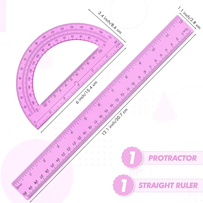 Zonon 2 Pack 12'' Plastic Ruler and 6'' Plastic Protractor Set Clear Ruler Protractor Set Math Geometry Supplies for School Classroom Home Office Drawing(Pink)