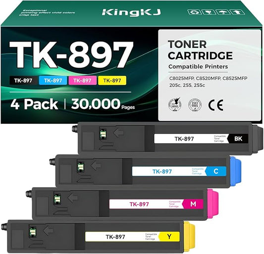 TK-897 TK897 Toner Cartridge Set 4-Pack Replacement Compatible with Kyocera FS-C8025MFP FS-C8520MFP FS-C8525MFP TASKalfa 205c 255 255c Printer Copy Ink 1T02K00US0 1T02K0AUS0 1T02K0BUS0 1T02K0CUS0 CMYK