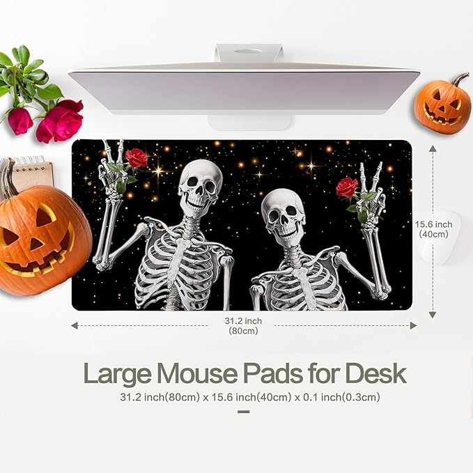 Love, Roses and Skulls Mouse Pad Desk Mat, Waterproof Black XXL Extended Large Gaming Mouse Pad Halloween Skull Rose Desk Pad Mousepad XXL Extended Keyboard Mat Mouse Mat, 31.5 x 15.7 in