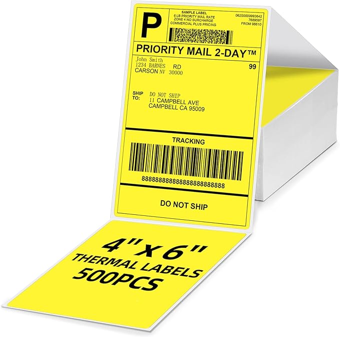 4x6 Thermal Labels, 1 Packs of 500 4x6 Fold Labels Yellow - Compatible with JADENS, ASprink, Phomemo, Rollo, Zebra, Omezizy and Other Thermal Printers