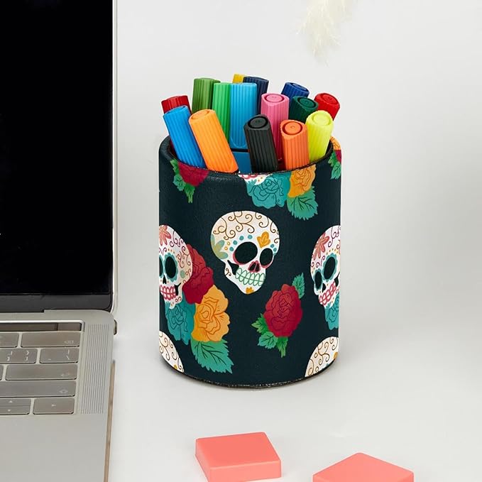 Watercolor Pattern Skull and Flowers Pen Holder Cup for Desk, Pencil Cup Holder for Desk Office Pen Organizer