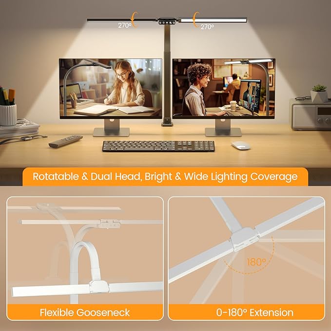 Upgraded LED Desk Lamp for Home Office with RGB, Rotatable Computer Desk Light with Remote, Eye Caring Table Lamp with Clamp, Dimmable Dual Head Desk Lighting for Desktop, 22W, White