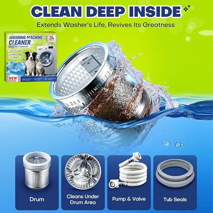 DKYM Washing Machine Cleaner Tablets for Pet Owners - Easily Removes Cat & Dog Hair, Urine, Odor,Residue,Front & Top Load Washer Machine Cleaner Deep Cleaning, Septic Safe, 24 Pack (12 Month Supply)
