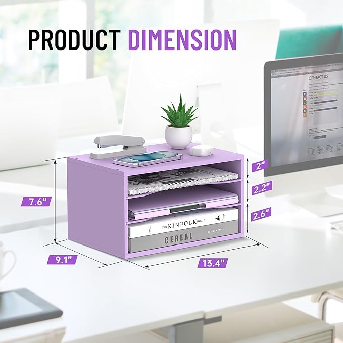 Wood Desk Organizer, 3 Tier Paper Tray Organizer for Desk with Adjustable Storage Shelves, Desktop Paper Sorter Mail Holder for Office Home Classroom, Purple