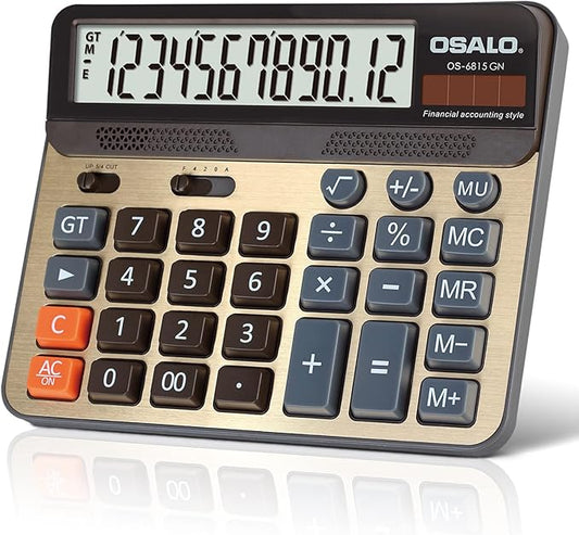 Desktop Calculator Extra Large 5-Inch LCD Display 12-Digit Big Number Accounting Calculator with Giant Response Button, Battery & Solar Powered, Perfect for Office Business Home Daily Use(OS-6815GN)