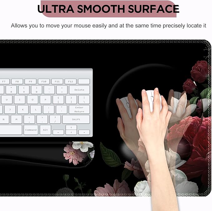 AIMSA Mouse Pad,Large Black Desk Mat, XXL Mousepad+Keyboard Wrist Rest+Ergonomic Mouse Wrist Rest+Coaster Set,4in1 Desk Pad for Home Office Table Computer-Vintage Flower
