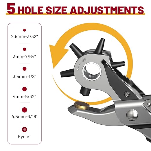 NEU MASTER 2 in 1 Leather Hole Punch Eyelet Tool Kit, 3/16" 4.5mm Revolving Hole Puncher, Eyelet Pliers, Metal Eyelets for Fabric Shoes Leather Clothes Belt