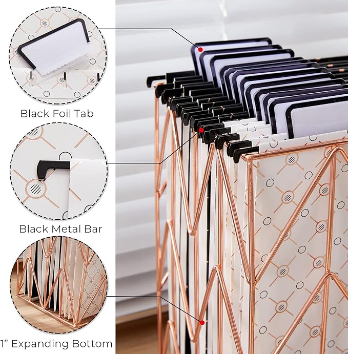 Y YOMA 12 Pack Decorative Hanging File Folders Letter Size Rose Gold File Folder Pretty Hanging Folder Organizer for Filing Cabinet Office Home with 1/5-Cut Adjustable Tabs, 3 Black Foil Design
