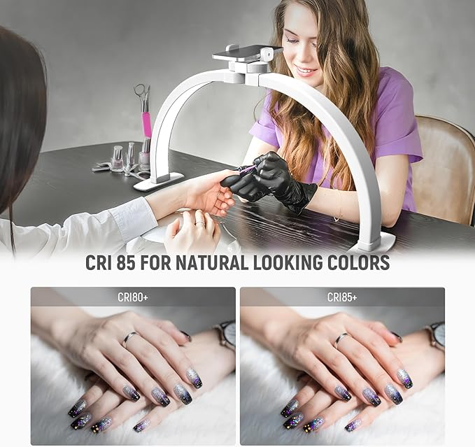 NEEWER BASICS 23" Half Moon Nail Light for Desk, 308 LEDs 28W Bi Color CRI85+ Foldable Nail Tech Table Arc Lamp with Overhead Phone Mount for Manicure Handicraft Lighting Beauty Video Recording,HM04-D