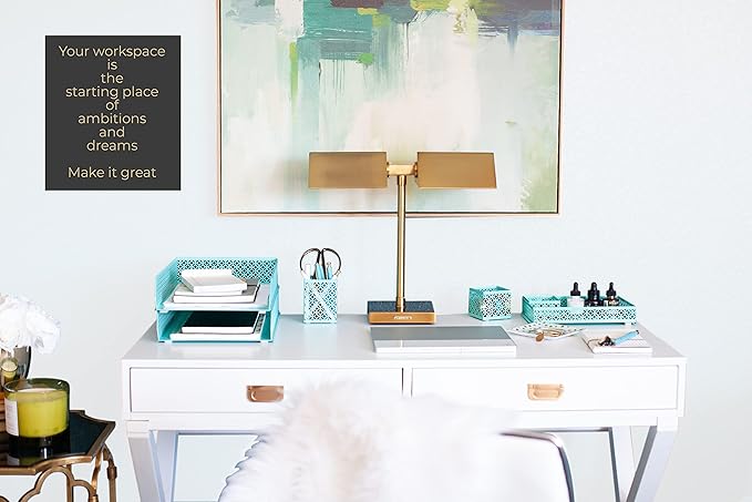 BLU MONACO Aqua Desk Organizer Set for Women – 6-Piece Interlocking Office Supplies Set, Pen Cup, 3 Accessory Trays & 2 Letter Trays, Rose Gold Paper Tray Holder