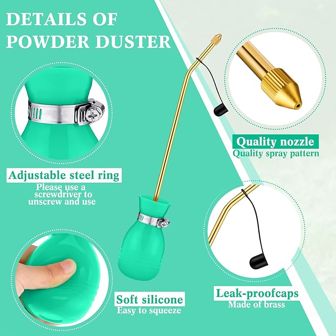 Boao Diatomaceous Earth Powder Duster Bulb Duster Sprayer 3.5 oz with Long Copper Garden Powder Applicator Dispenser for Organic Gardening Agricultural Supplies(Light Green)
