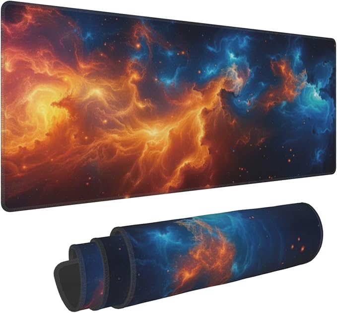 Cosmic Fire and Ice Nebula Large Mouse Pad, Gaming Desk Mat, XL Keyboard Desk Pad Mat for Desktop, 31.5"x11.8" Non-Slip Base Big Mousepad with Stitched Edges