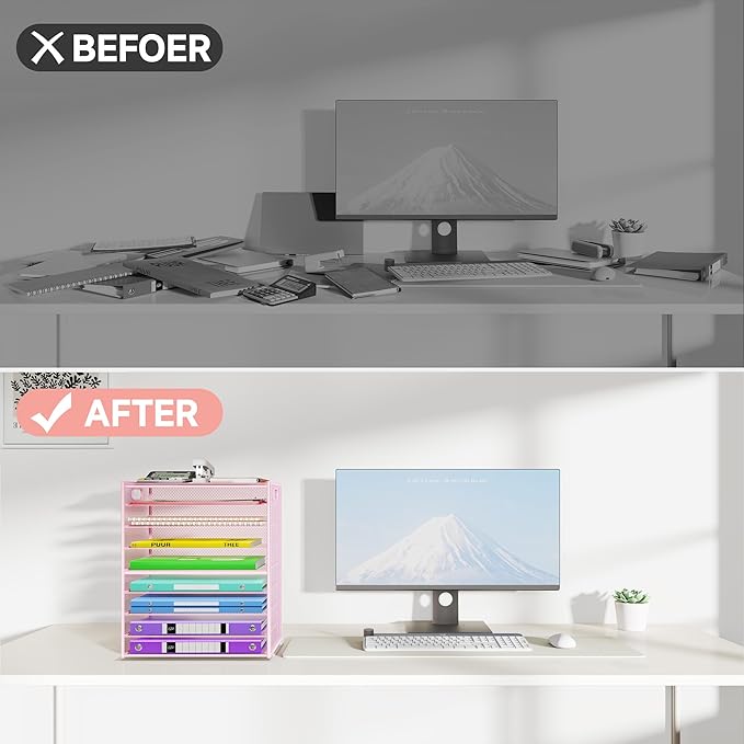 9 Tier Paper Organizer with Handle, Large Capacity Desk Organizer Mesh Paper Letter Tray File Folder Document Sorter for Classroom and Office Accessories Organization- Pink (2 Pack)