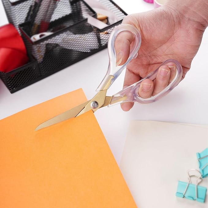 Acrylic Scissors Set, Office Scissors for Desk Gold, Clear Comfort-Grip Handles and Titanium Coated Blades, Sharp Scissors all Purpose Heavy Duty for Sewing, Art, Craft, School, Home Supplies