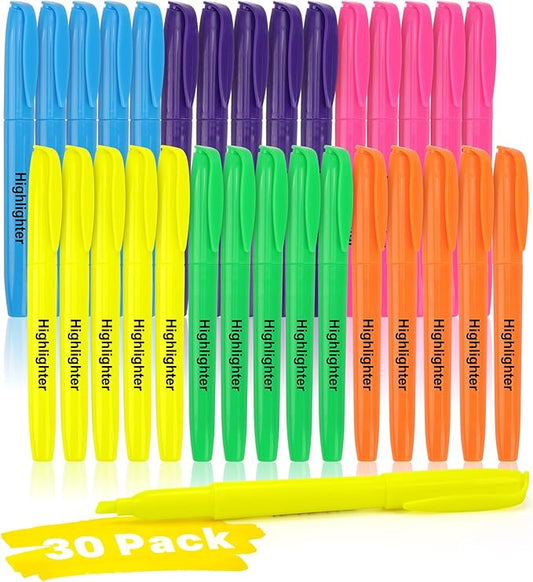 Highlighters, 6 Assorted Colors, Dry-Quickly, No Bleed, Chisel Tip, Bright Multi Colored Highlighter Bulk for Office 30 Pack
