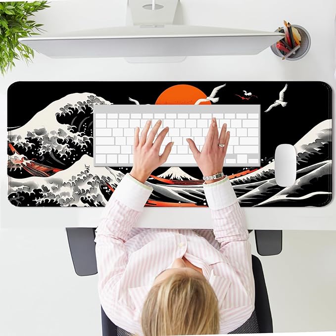 Japan Great Wave Kanagawa and Mount Fuji Gaming Mouse Pad, Extended Large Desk Mat, Computer Keyboard Laptop Mousepad for Work, Office and Home, XL, Black