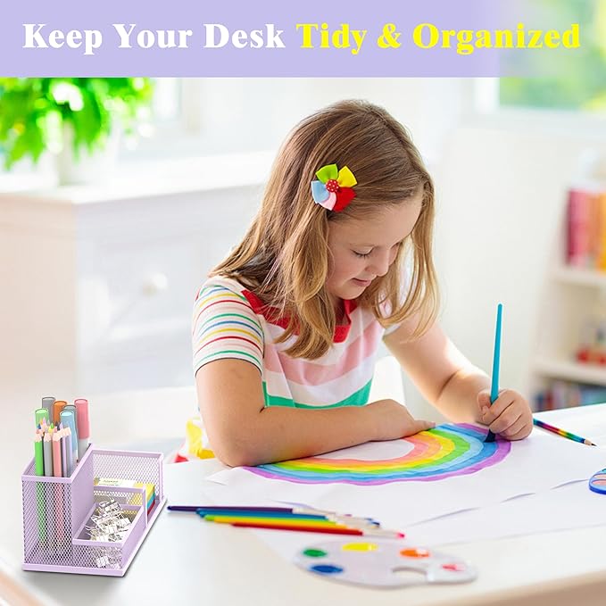 SUPEASY Mesh Pen Holder Desk Organizer, Office Supplies Pencil Storage with 3 Compartments, Office Desk Accessories and Workspace Organizers for Home School, Purple