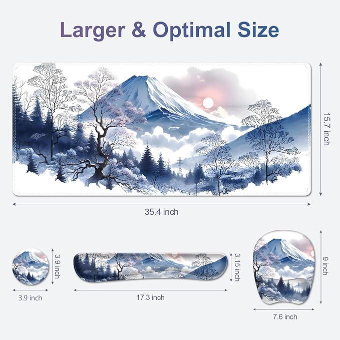 4 in 1 Large Mouse Pad, Keyboard Wrist Rest Set, Ergonomic Mouse Pad with Wrist Support, Desk Mat with Stitched Edges Extended Desk Pad Waterproof Desk Mat for Home Office Game I Snowy Mountain Sun