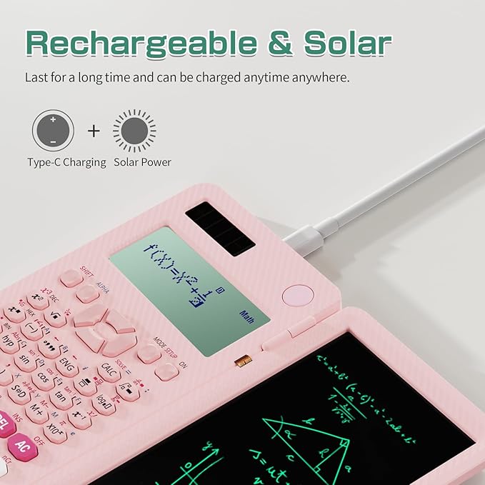 Rechargeable ROATEE 991ES MAX Scientific Calculators, CalcNote Multiview 4-Line Display with LCD Writing Tablet Notepad, Foldable Portable for Business High School College Students and Teacher(Pink)