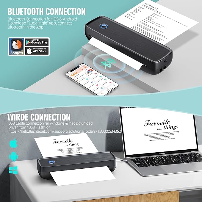 Portable Wireless for Travel - 504 DPI High Resolution Inkless Thermal Printer, 4200mAh Battery, Bluetooth & USB Compatible (A4, A5, 2/3/4", Letter, Legal) - Mini Printer for Stickers & Labels