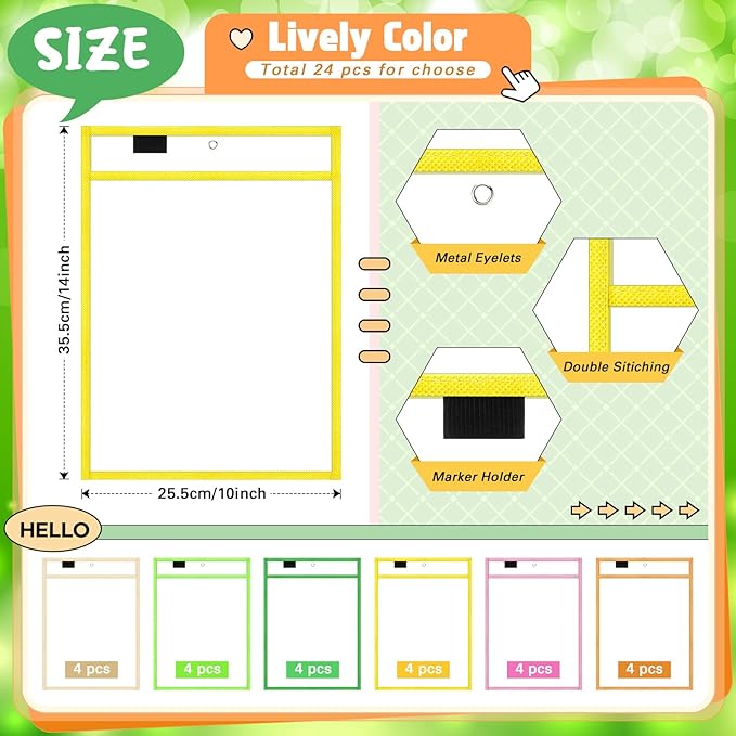 24 Pack Dry Erase Pocket Reusable Sleeves 10" x 14" Clear Plastic Sheet Protectors with Dry Erase Markers and Mini Sleeves Paper Teacher Supplies(Modern Boho)
