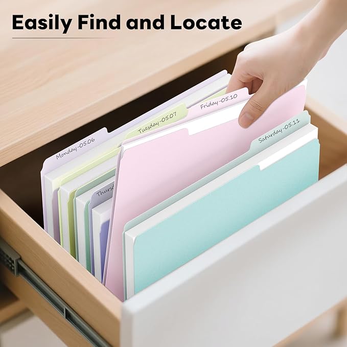 Piasoenc Color File Folders Set of 120, 1/3 Cut Tab, Letter Size Folder for 8.5 x 11 Documents Files, Assorted 6 Colors Filing for Office School Business