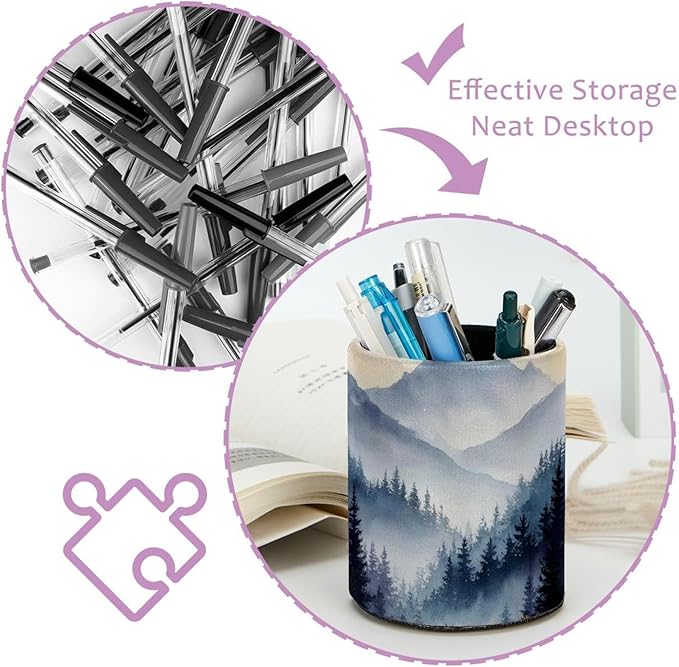 1 Pack Watercolor Mountain Deer Circular Pen & Pencil Holder - Durable PU Leather Pencil Cup, Desk Accessories Organizer for Office Desk School Home