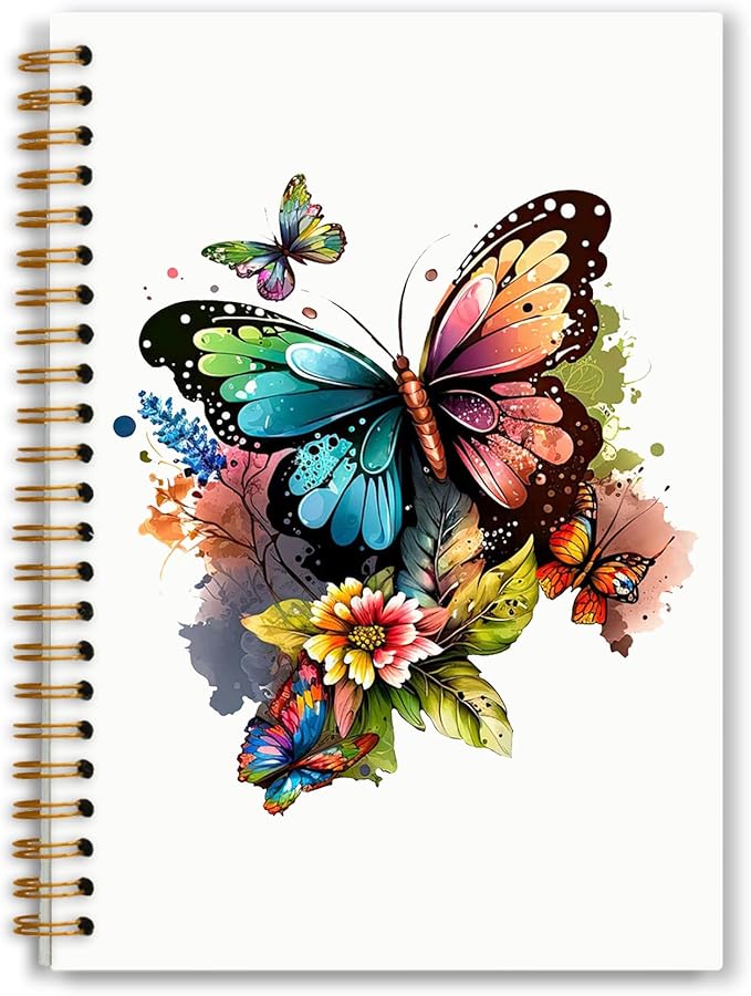 Butterfly Floral Notebook, Watercolor Cottagecore Flowers Journal for Writing, Butterfly Floral Aesthetic Journal for Women, Spiral Notebook 5.5x8.3 Inch