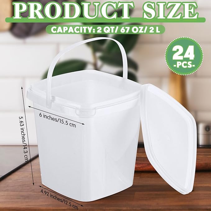 Mifoci 24 Pcs 2 Qt/ 67 Oz/ 2 L Plastic Food Containers Ice Cream Buckets with Lids and Handle Reusable Square Deli Containers Freezer and Microwave Safe for Kitchen Food Drinks Storage