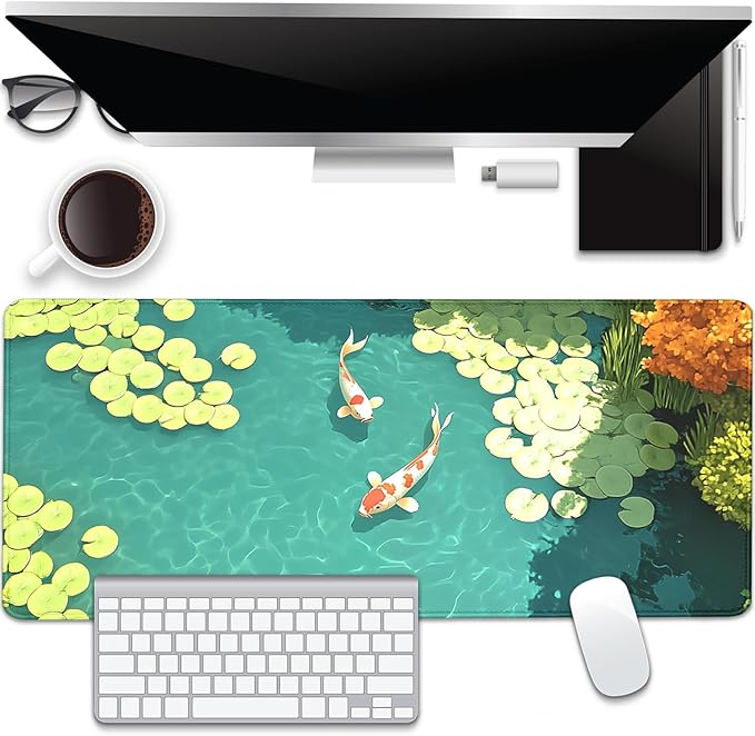 Koi Carp Fish Desk Pad Mouse Pad,Large Gaming Mouse Mat with Stitched Edges,Non-Slip Rubber Base Mousepad for Office PC Keyboard Laptop and Home Work Desk Mat(27.5X11.8 in)