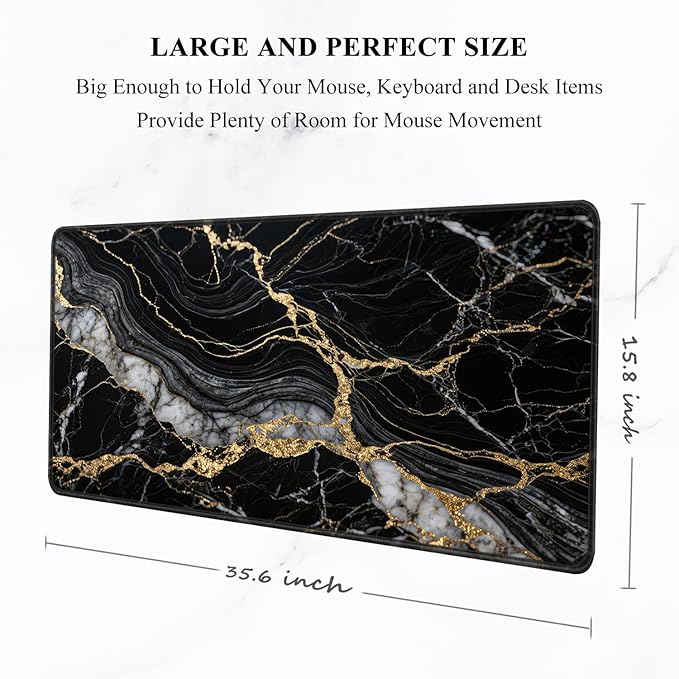 Auhoahsil Desk Mat, Ultra Large Mouse Pad, XXL Gaming Mousepad, Pretty Desk Pad, Big Extended Full Size Desktop Desk Matt for Keyboard, Laptop & Computer, 35.5 x 15.7 in, Black Marble