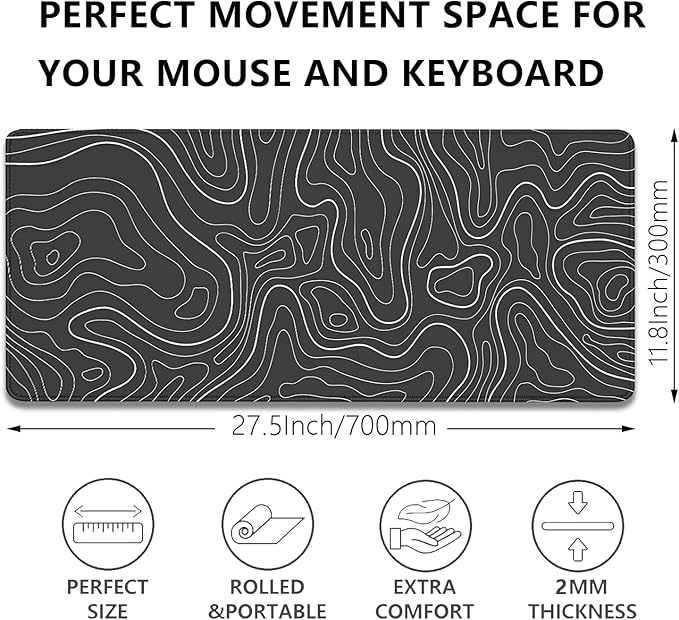 Black Topographic Mouse Pad,Gaming Desk Pad with Stitched Edges Non-Slip Rubber Base Extended XL Mousepad Big Desk Mat for Office Home Work(27.5X11.8 Inch)