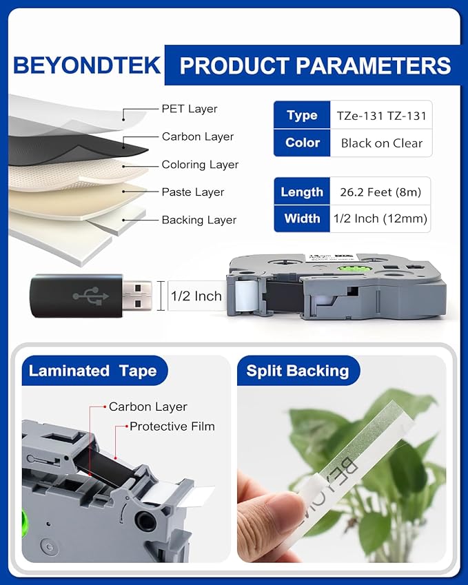 TZ Tape 12mm 0.47 Laminated Clear Compatible for Brother P Touch Label Tape TZe-131 TZ-131 Black on Clear for Brother Label Maker PT-H110 D210 D220 D400 1180 1280 1890 2040 Cube,2-Pack