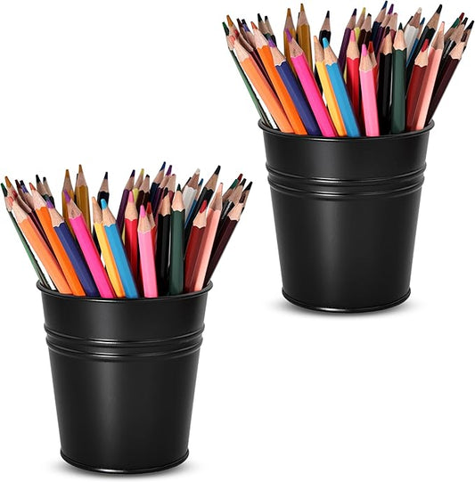 Pen Holder Cups for Desk,Metal Pencil Holder,Marker Pen Storage Holder Desktop Stationery Organizer Makeup Brush Holders, Desk Accessories & Workspace Organizers for Office School Home -2 Pack (Black)