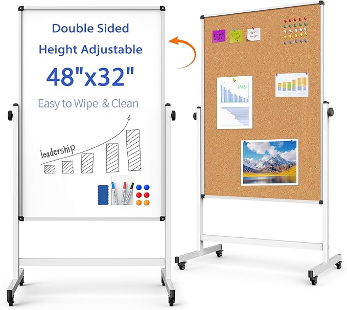 Double-Sided Whiteboard and Corkboard on Wheels, 48 x 32 Inch Magnetic Dry Erase Board with Adjustable Height Stand, Rolling Mobile Board for Office, Classroom, Presentation & Planning (Cork & White)