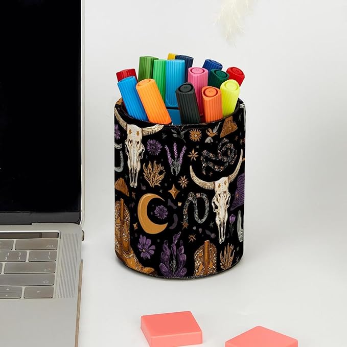 Western Boho Style Bull Skulls Pattern Circular Pen Holder, Pen Cup Makeup Brush Holder, Design for School, Home and Stationary Supplies (3.9 x 3.1 Inches)