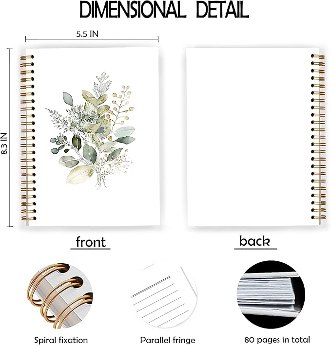 Boho Sage Green Floral Spiral Notebook, Green Eucalyptus Botanical Notebooks for Note Taking, Flower Floral Aesthetic Journal for Women, 5.5x8.3 Inch