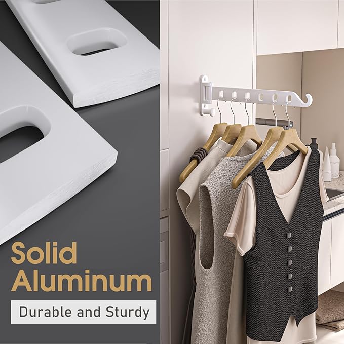2-Pack Wall Mounted Clothes Drying Rack, Foldable Coat Hanger Holder, Space Saving Laundry Organizer, Sturdy and Durable Aluminum Design (White)