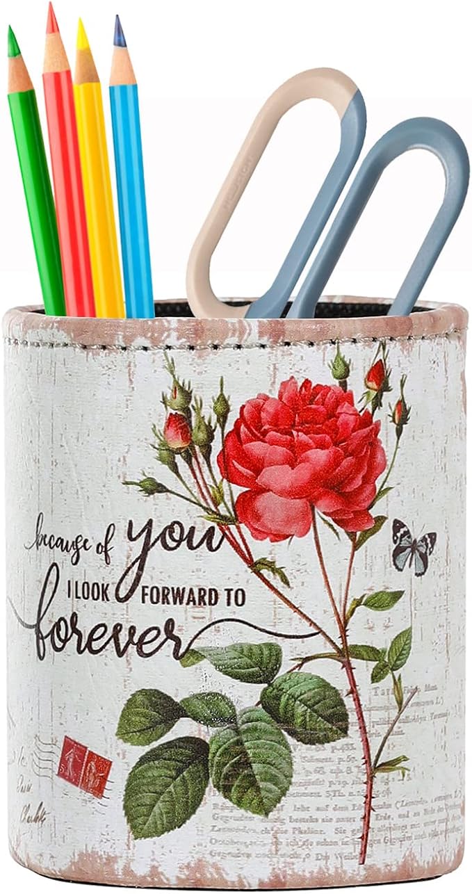 Pencil Cup, PU Leather Desk Pen Organizer for Cosmetics Office Supplies, Valentines Gifts for Mom Wife Grandma, Red Rose and Butterfly PH84