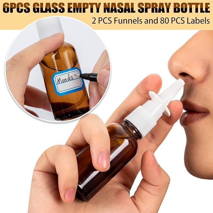 10 Pcs Nasal Spray Bottle, 30ML/1oz 6 Pcs Glass Nose Spray Bottle Empty, Fine Mist Sprayers Atomizers with 2 Pcs Funnels and 2 Pcs Labels