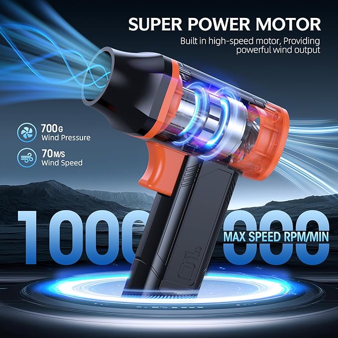 Electric Compressed Air Duster - 33,0000 RPM Rechargeable Cordless Air Blower with Brushless Motor - 2 Batteries & Charger - Replaces Canned Air - for Outdoor, Cars, Computer, Keyboards Cleaning