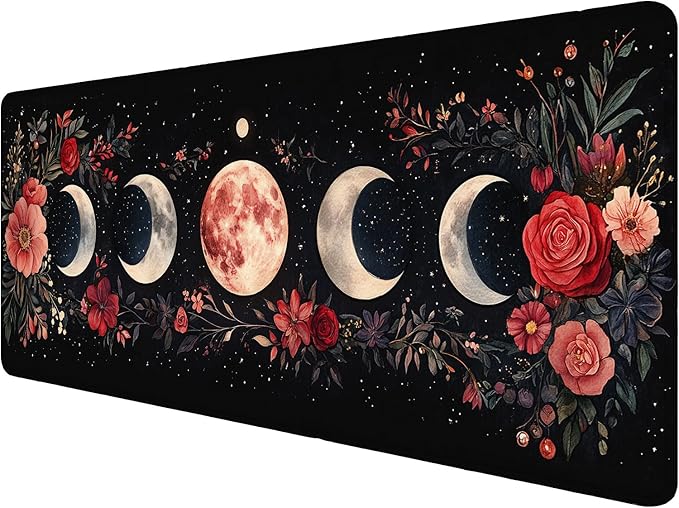 Moon Phase Desk Mat Gaming Mouse Pad - Watercolor Flowers Leaves Large Extended Mousepad for Laptop Keyboard - Office Computer Home Gaming Desk Pad 31.5"x11.8"